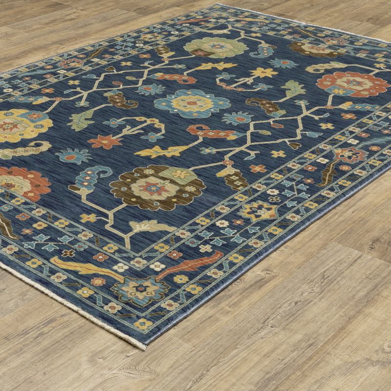 Tapis oriental en polypropylène tissé à la machine en bleu / or / orange, Rectangle 7 pi 10 po x 10 pi 10 po