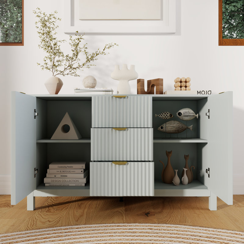 Buffet de rangement avec portes à rayures en relief tridimensionnelles, 47 po, tablettes et tiroirs réglables, style minimaliste moderne