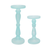 SULLIVANS 4 in. x 4.5 in. Teal Blue Glass Candlestick Holders (Set