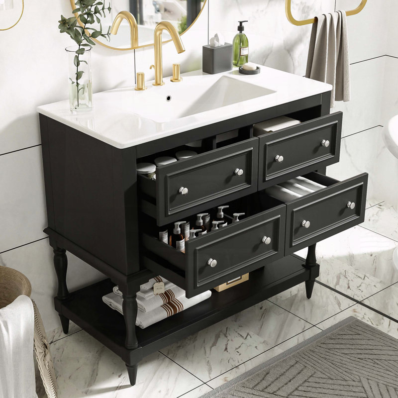 Meuble-lavabo 36 po avec 4 tiroirs et structure en bois massif, Black