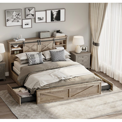 Farmhouse Bed Frame King Size with LED Lights and Charging Station, Wooden KING Bed with 2 Storage Drawers, Rustic Headboard with Sliding Barn Door Storage Cabinets