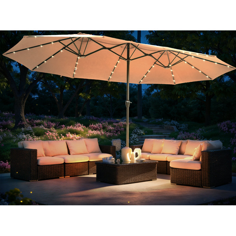 Grand parasol de patio 15 pi avec base et lumières beige, Beige