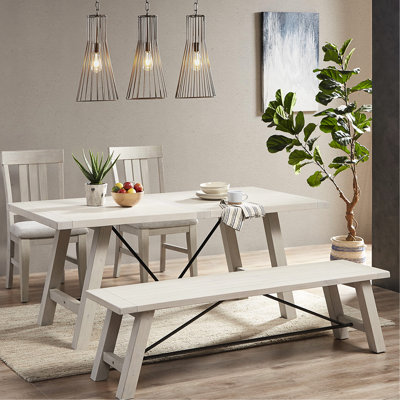 Banc de salle à manger en bois massif, accents métalliques, blanc délavé, 3 places assises, capacité de poids maximale de 400 lb avec support, apparence lavable,