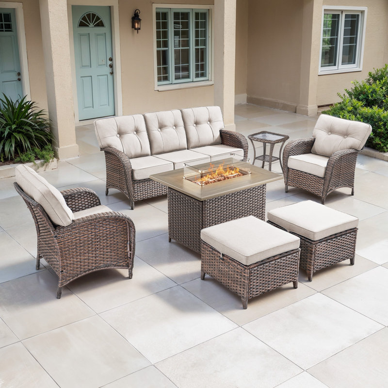 Agnes 5 Piece Outdoor Rattan Patio T-Back Cushions Conversation Furniture Set With Fire Pit Table, Beige