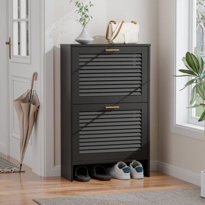 Shoe Storage Cabinet With 2 Flip Drawers, Freestanding Narrow Shoe Rack Organizer With Louvered Doors, Shoe Cabinet For Entryway