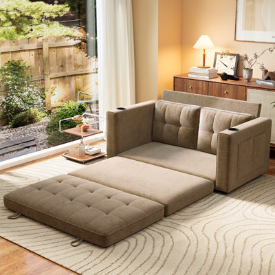 George 55" Upholstered Chenille Convertible Futon Sofa Bed, Fold-Out Loveseat Sleeper with Cup Holder and Storage Pockets