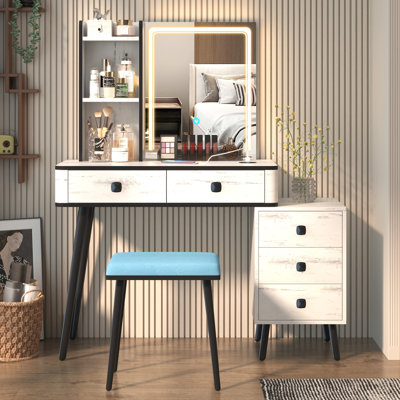 Makeup Vanity with Tri-Color Dimmable Light Mirror, Charge Station, 5-Drawer Sub-Cabinet, Soft Stool