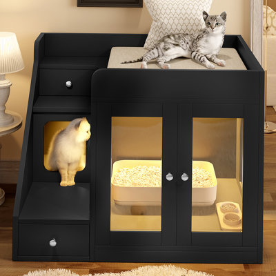Enceinte de litière pour chat avec lumière, meuble de litière caché avec 2 tiroirs de rangement, table d'appoint intérieure pour chat, noir