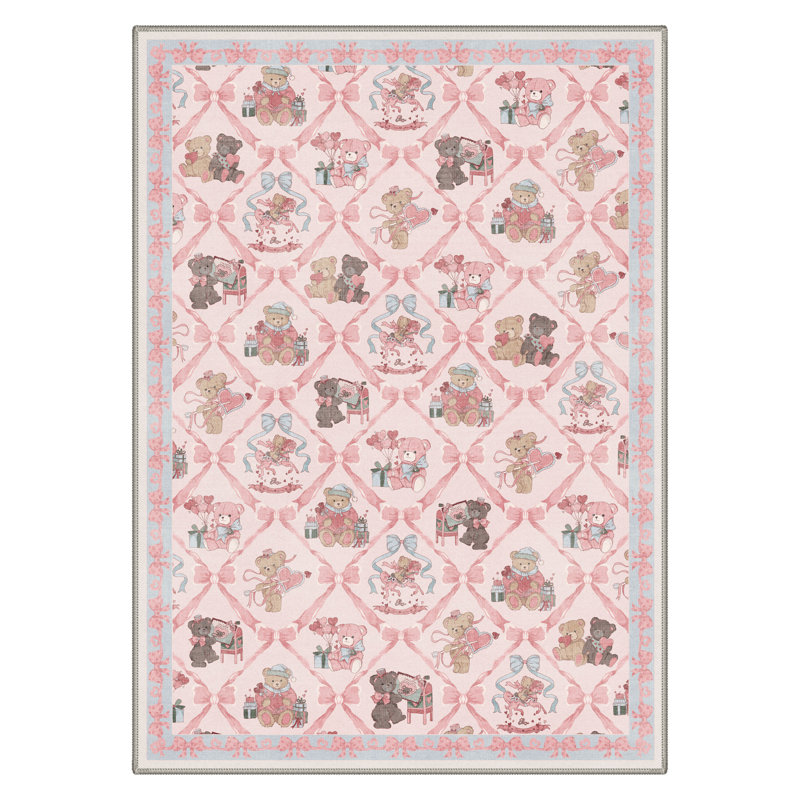Bear Print Machine Washable Blue/Pink/Beige Kids Area Rug With Non-Slip Backing, Rectangle 5' x 7'