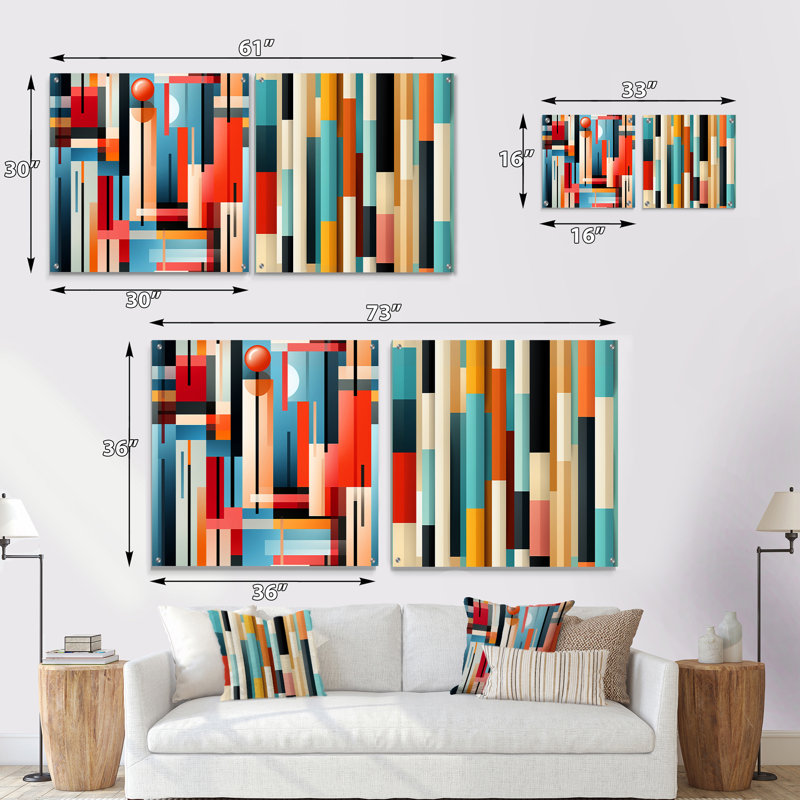 Urban Chic à rayures - formes abstraites, ensemble d'acryliques sur verre, ensemble de 2, H 16 po x l 33 po