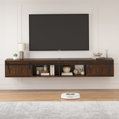 71" Farmhouse Floating TV Stand With Sliding Barn Doors, Wall Mounted Entertainment Center With Charging Station, Floating TV Shelf For Living Room, Bedroom, Rustic Brown