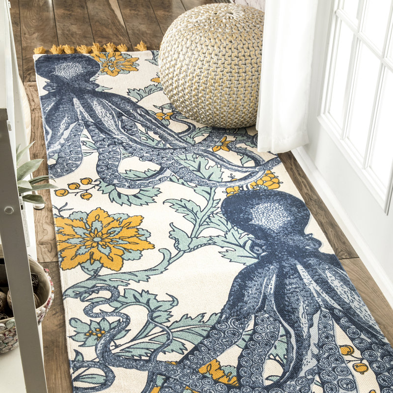 Thomas Paul Octopus Tasseled Blue/Yellow Area Rug, Runner 2'8" x 8'
