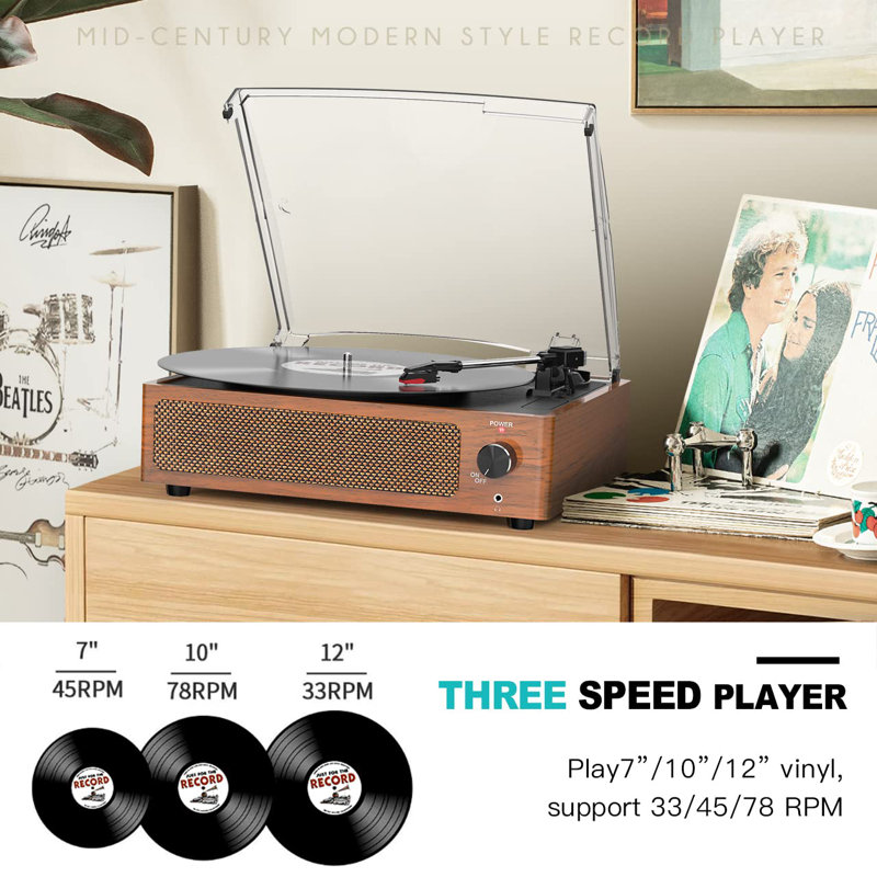 Vintage Brown Belt-Driven Turntable with Built-in Speakers