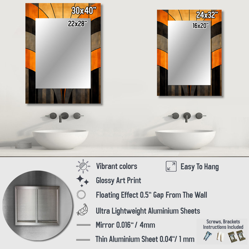 Vecteurs orange et gris - formes abstraites, miroir mural, miroir moderne, impression d'art en métal, 32 po x 24 po