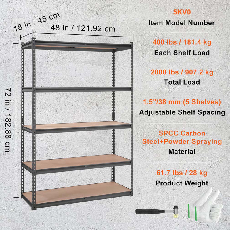 Étagère de rangement VEVOR, réglable à 5 niveaux, capacité de 2 000 lb, étagère de rangement robuste en métal, noire, P 18 po x l 48 po x H 72 po pour la cuisine