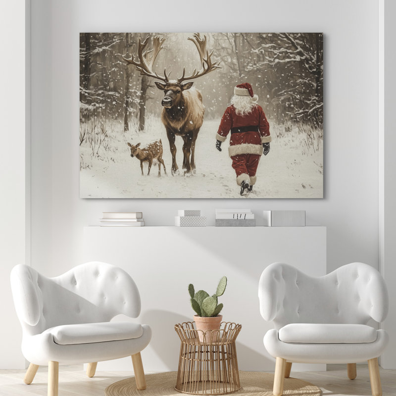 «Santa Claus And Reindeer In Forest Snowy Winter Cozy Christmas Holiday», reproduction d'art sur toile encadrée, Toile tendue