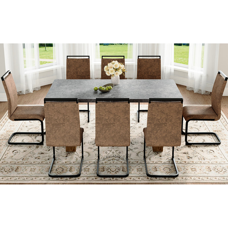 Table et 8 chaises pour salle à manger - tissu brun, pieds noirs, 9 pièces : table, 8 chaises