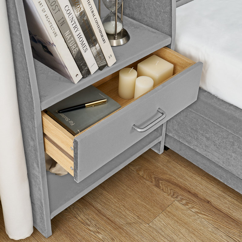 Lits avec rangement, plateforme moderne en velours de fibres à densité moyenne pour maison compacte