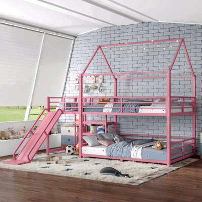 Full Metal House Bunk Bed with Storage Stairs, Slide, Safety Rails, Pink