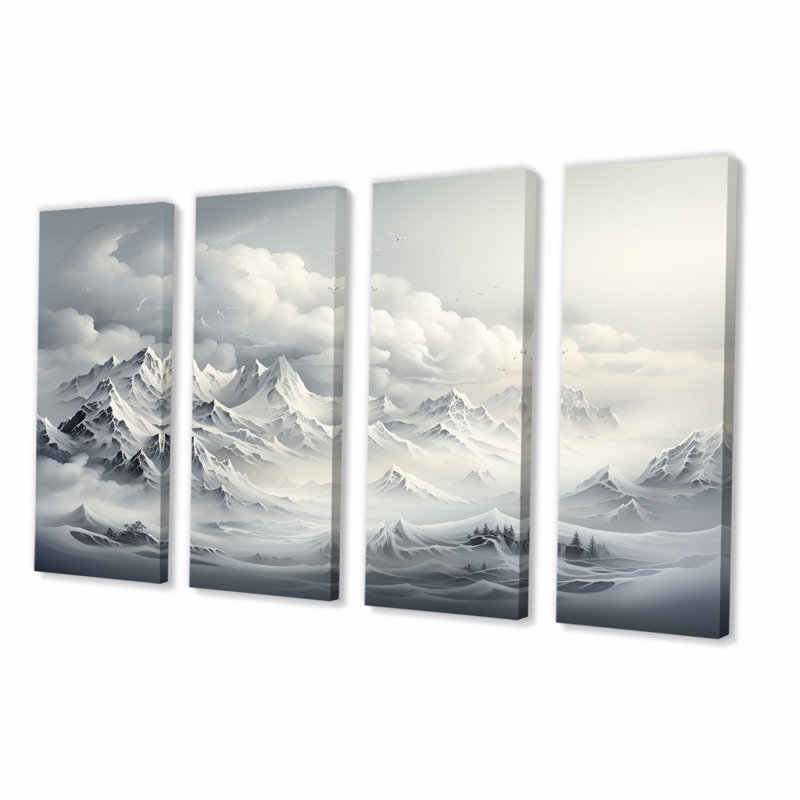 «Snowy Mountain Peaks Serenity III - Mountains Winter», ensemble d'art mural 4 pièces, H 32 po x l 64 po