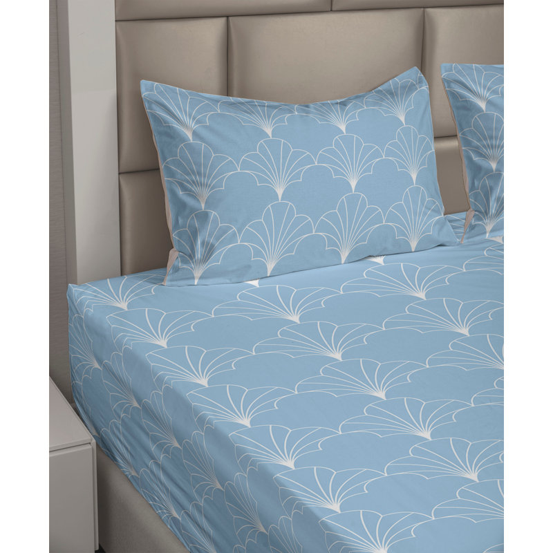 Microfiber Sheet Set, King Sheet Set with 2 Pillowcases, Pale Blue/White Geometric