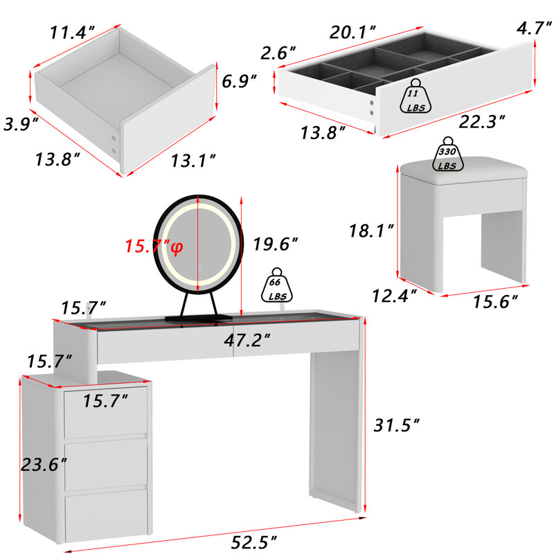 Makeup Vanity Set With 3-Drawer-Chest And Movable Mirror