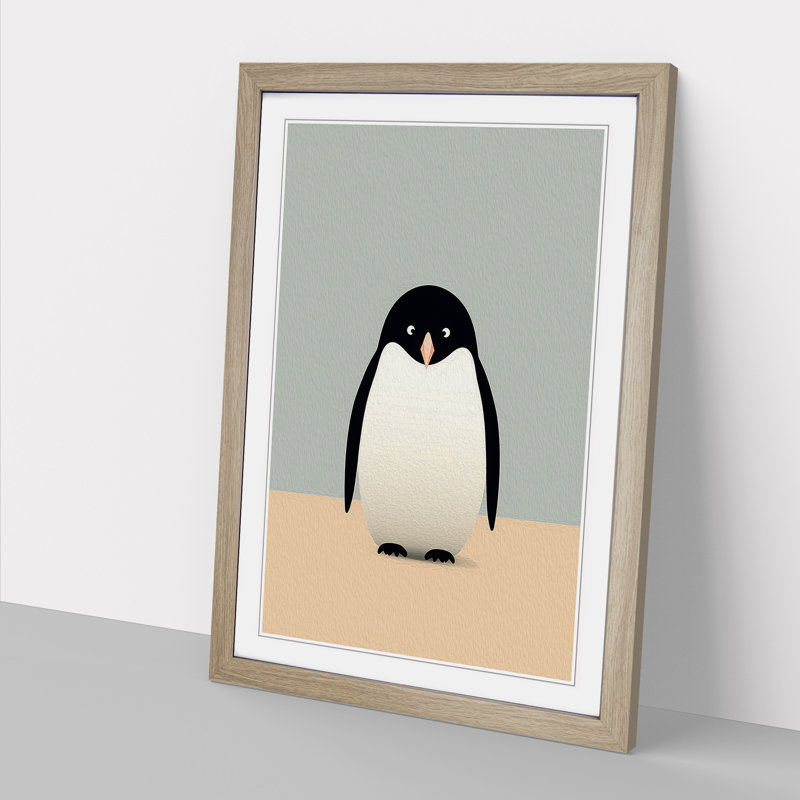 Penguin Minimalism - Single Picture Frame Print on Wood, 46cm H x 34cm W x 2cm D, Oak Framed