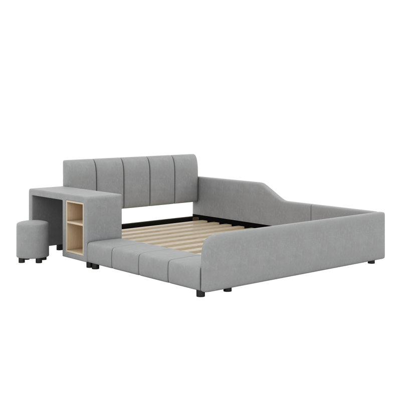Upholstered Grounded Bed, Mother & Child Bed With Bedside Desk And Little Round Stool, Gray, Full