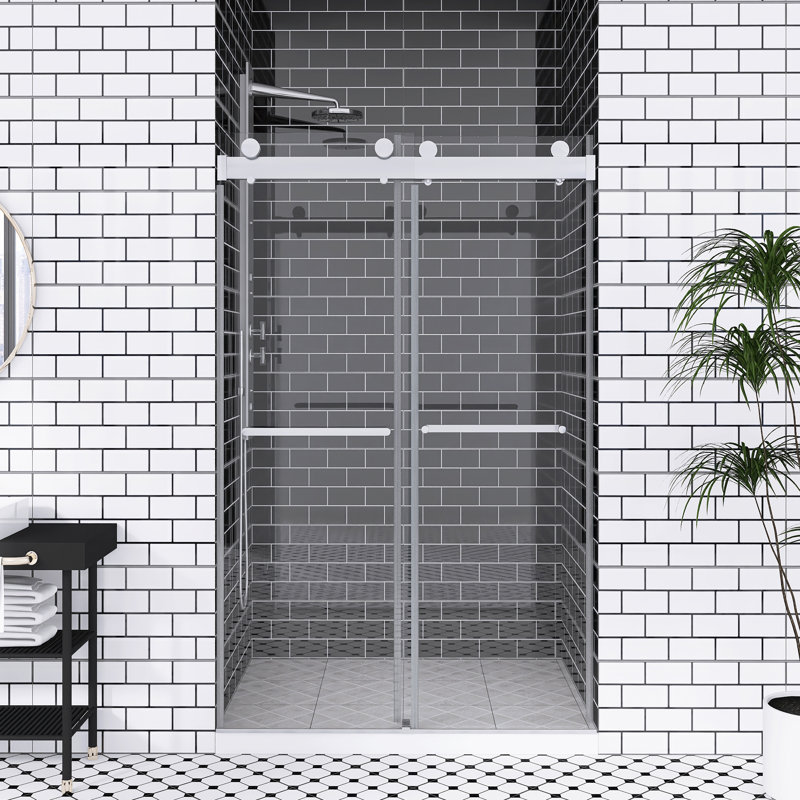 44 à 48 po X P 76 po H Double porte de douche coulissante sans cadre | Fermeture en douceur | Verre trempé de 3/8 po d'épaisseur avec revêtement facile à nettoyer