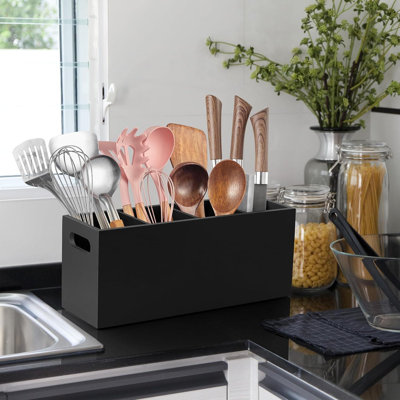 Large 4-Compartment Wooden Utensil Holder (Black, with Removable Divider)