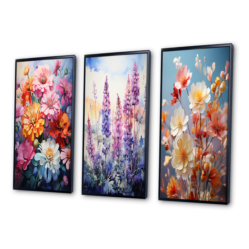 Meadow Zinnia Carousel - 3 pièces, Cadre noir, H 32 po x l 48 po