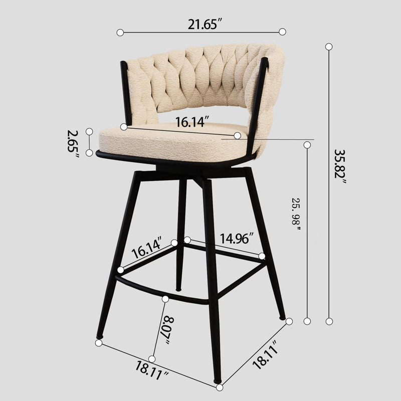 De 4 - à porter, pivotant sur 360 °, tissé, pieds noirs, chaise de bar rembourrée, matériaux blancs,