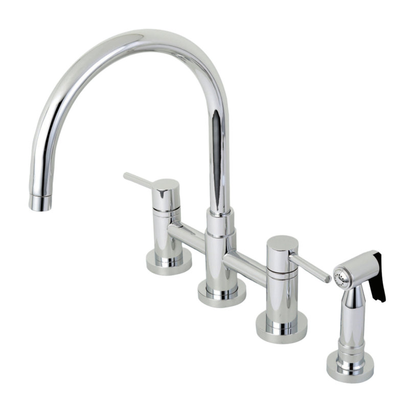 Kingston Brass Concord Two-Handle 4-Hole Deck Mount Bridge Kitchen Faucet with Brass Side Sprayer, Polished Chrome
