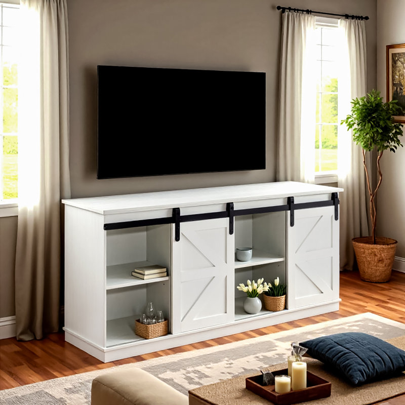 Armoire de rangement 58 po avec portes de grange coulissantes, table d'appoint pour la vie 58 po, blanc