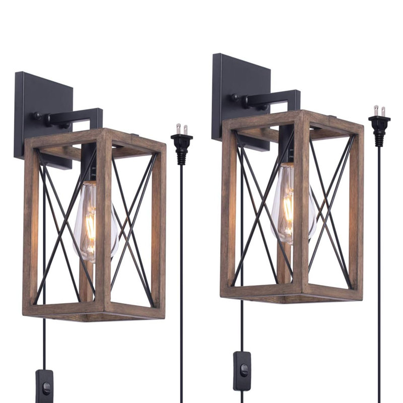 Wood Wall Sconces Retro Industrial Rectangle Bedside Wall Sconce Plug-In Cord With Switch Lighting Fixture Black Wall Lamp, Dining Room 2 Pack