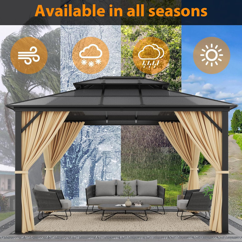 Pavillon de jardin 10 pi x 12 pi avec cadre en aluminium et toit en polycarbonate, Brun