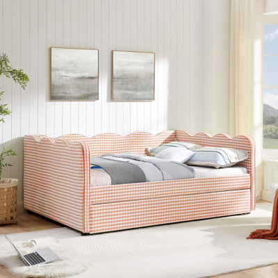 Full Size Cozy Gingham Daybed with Twin Trundle & USB Port – Sofa Bed for Bedroom, Living Room, Guest Room, Linen,Pink