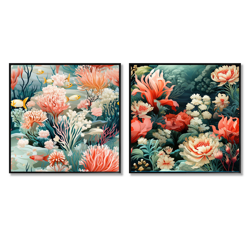 Rosemount Coastal Reef - motif côtier - ensemble de 2 pièces de style collage nautique et côtier, Cadre flottant noir