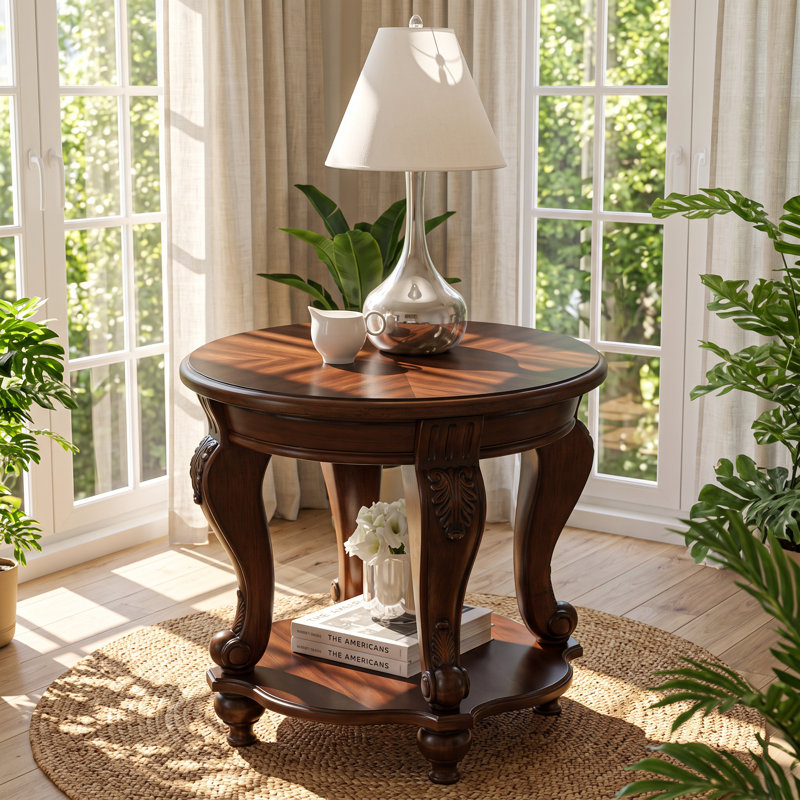 Table de bout ronde en bois d'hévéa massif avec tablette L 22 po x P 22 po x H 20,5 po FSH