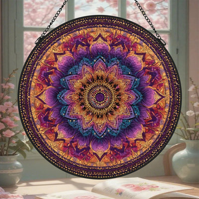 Purple Orange Gold Stained Glass Panels Suncatcher for Window Decor