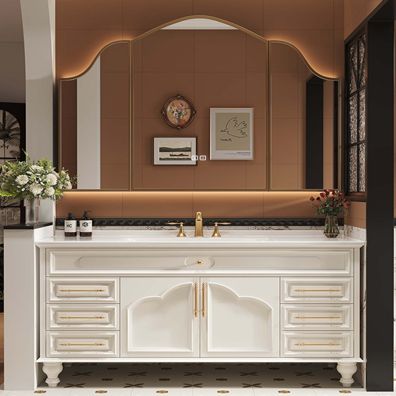 French style retro modern bathroom cabinet, White, 63"