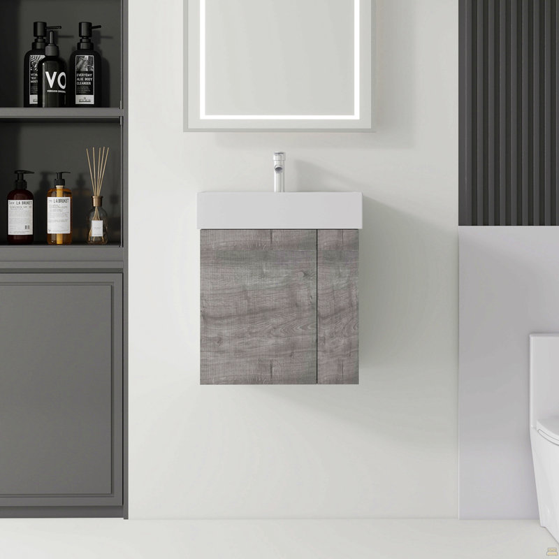 Meuble-lavabo flottant 21,6 po avec lavabo, porte à fermeture en douceur, évier en céramique, contreplaqué, gris