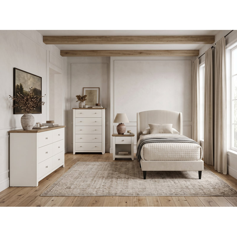 Ensemble de chambre à coucher Burdge 4 pièces, Beige / ivoire / chêne noueux, 4 pièces: lit, 2 commodes, table de chevet