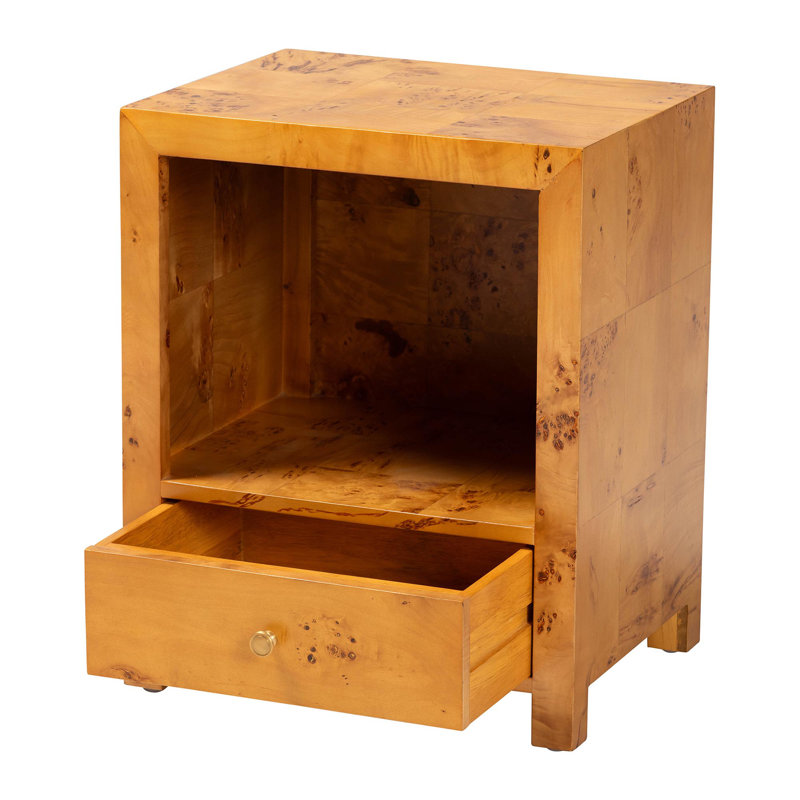 Ashwin Bali & Pari Camira Modern And Contemporary Natural Light Mappa Burl Wood 1-Drawer Nightstand
