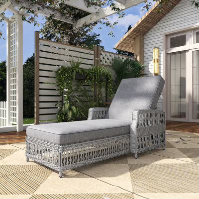 Outdoor Wicker Reclining Chaise Lounge Chair With Armrests And Cushions, Adjustable Backrest by Dovecove