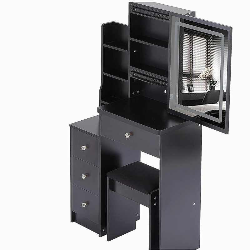 Petite coiffeuse 29,2 po avec tabouret de chevet gauche + tabouret rembourré, 2 blocs d'alimentation CA + 2 ports USB, support pour séchoir à cheveux, très grand miroir à DEL coulissant à commande tactile, changement de luminosité tricolore, réglage de la luminosité