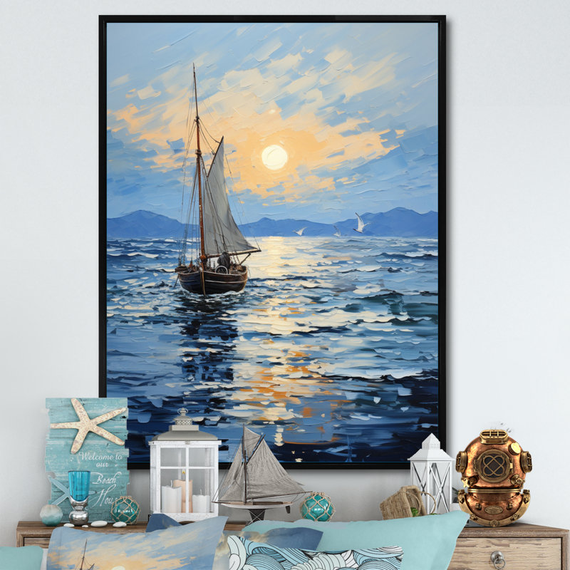 Bateau, voile, reflets, impression sur toile, H 32 po x l 16 po, Cadre flottant noir