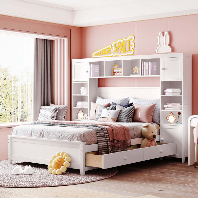 Lit en bois avec armoire et tablette tout-en-un, Lit double, Blanc