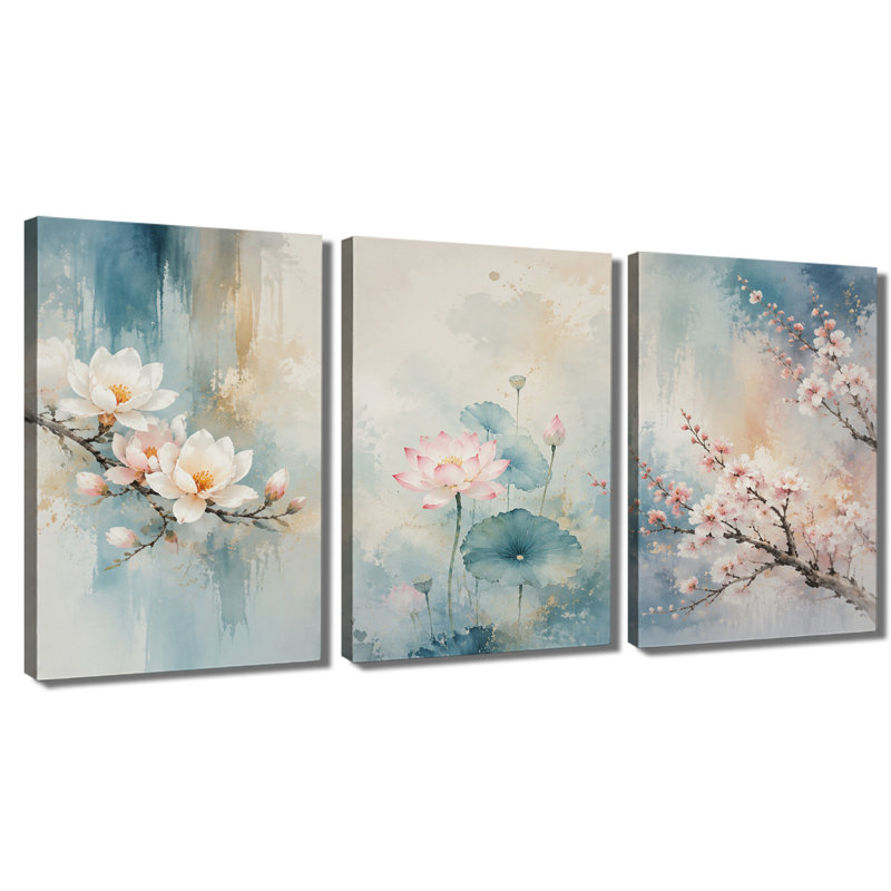 Tableau mural à 3 panneaux, aquarelle de lotus et de fleurs de prunier, impression sur toile tendue, 28 * 40 pouces * 3