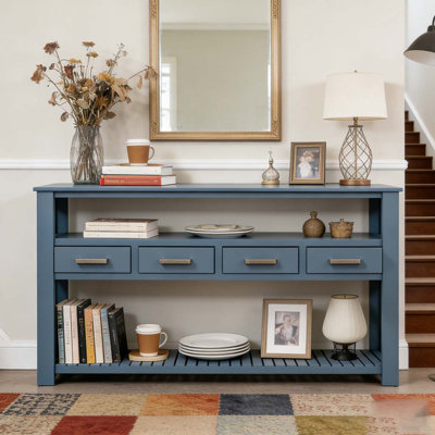 61.5'' Large Entryway Table with 4 Drawers,Painted Console Table with 3-Tier Open Shelves and Metal Handles